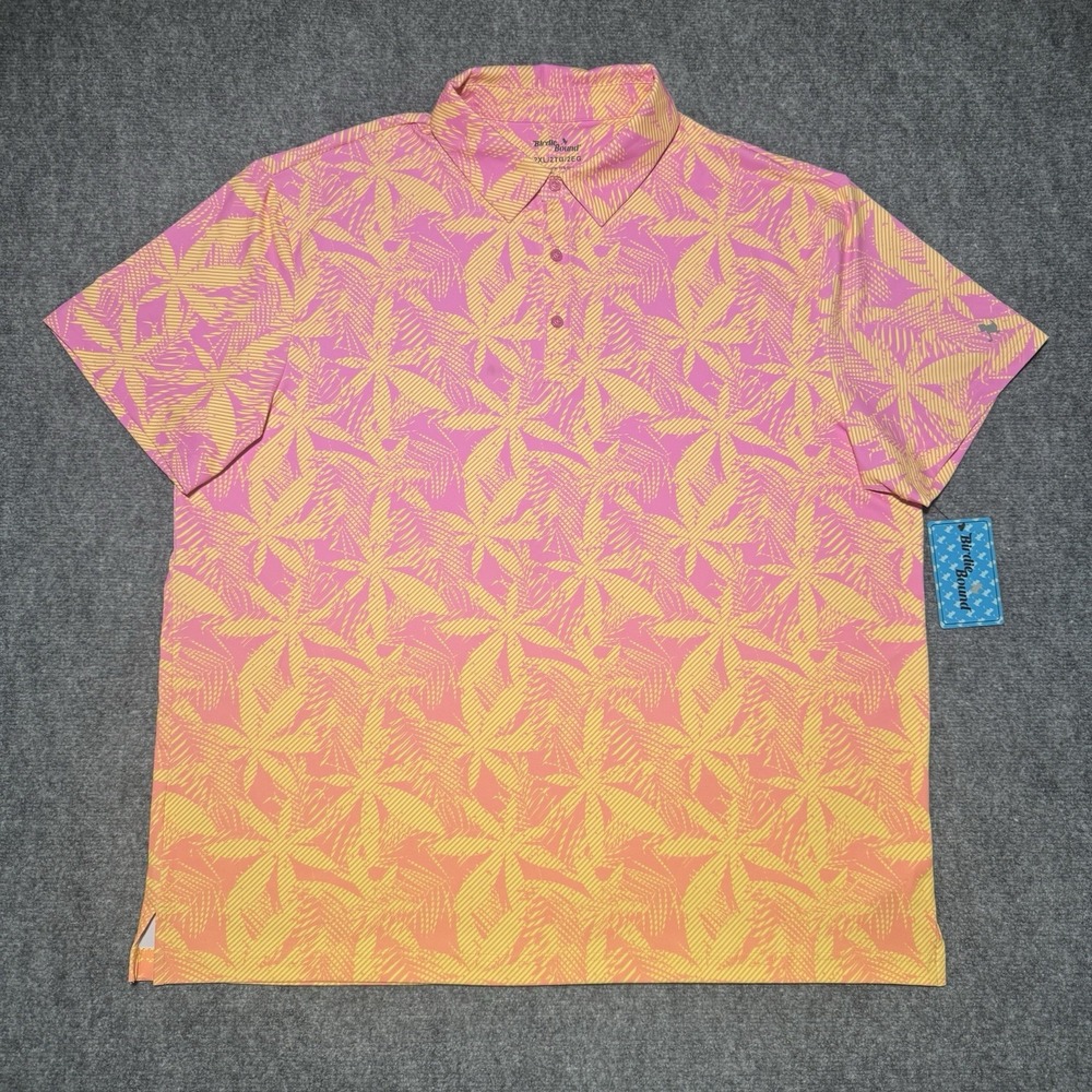 Birdie Bound Polo Shirt Pink Orange Men 2XL‎ Tropical Palm Golf Performance  NWT